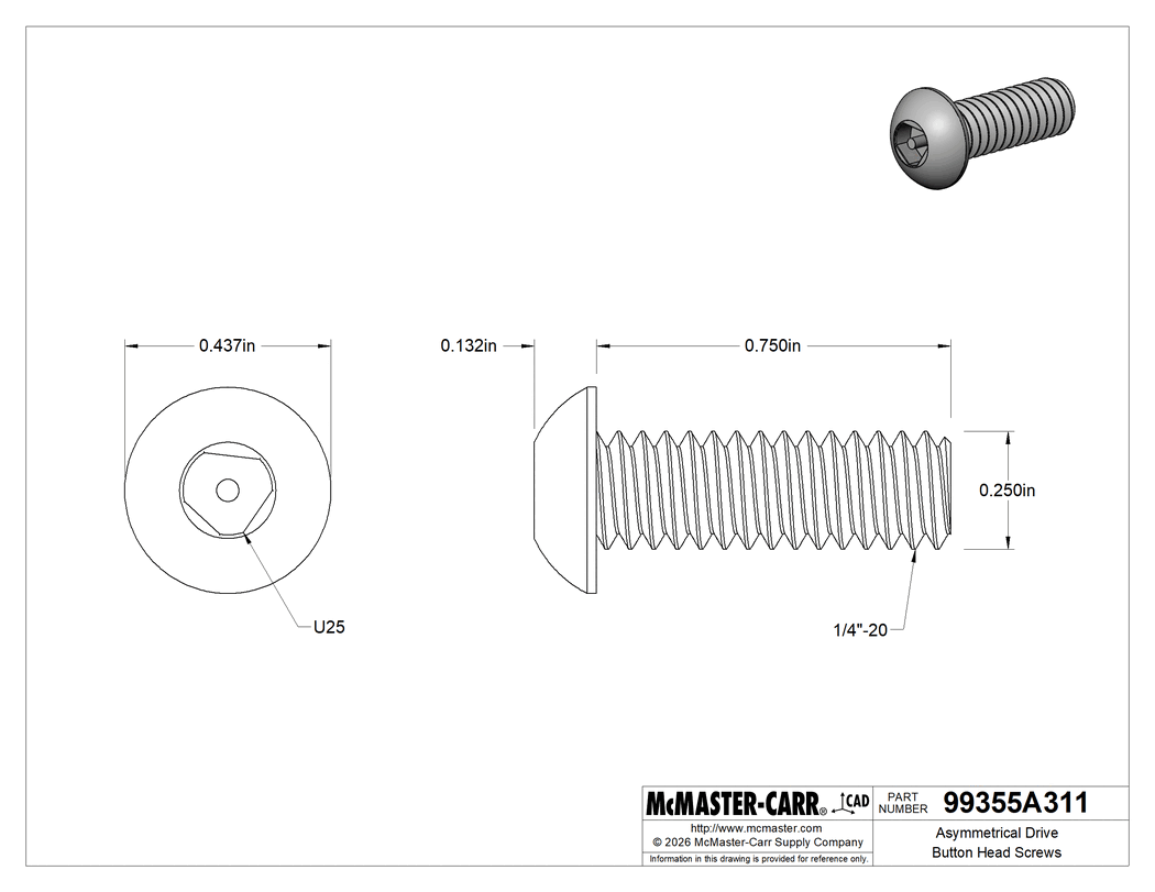 Technical Drawing of Asymmetrical Drive Button Head Screws, Tamper-Resistant, 1/4"-20 Thread, 3/4" Long.